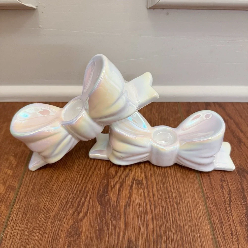 Ceramic Iridescent Bow Taper Candle Holders‎ - Set of 2 New! Holiday Decor Girly
